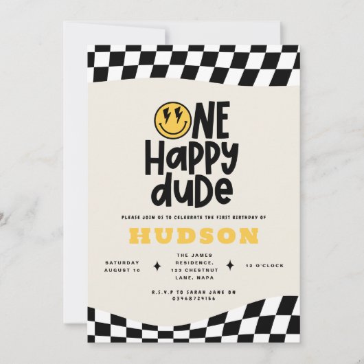 第1の誕生日スマイル顔レトロ白黒groovy 招待状 (正面)