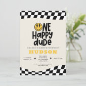 第1の誕生日スマイル顔レトロ白黒groovy 招待状 (スタンド正面)