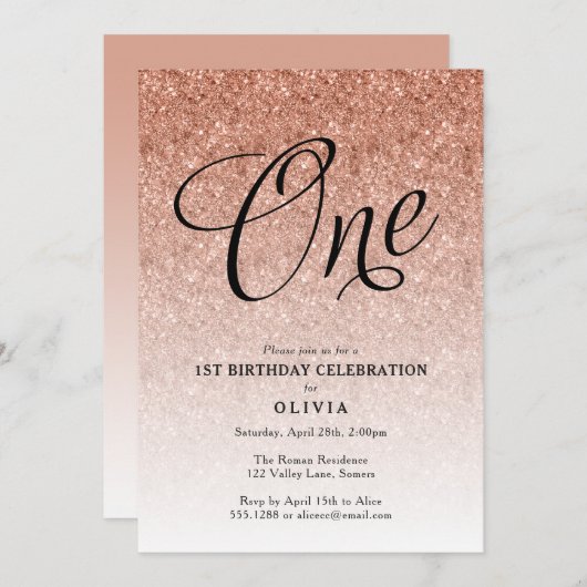 第1の誕生日バラ金ゴールドグラデーショングリッター招待状 招待状 (正面/裏面)