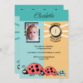 第1の誕生日パーティー写真レディーバグ緑のオレンジ 招待状 (正面/裏面)