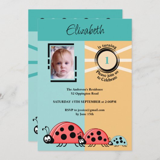 第1の誕生日パーティー写真レディーバグ緑のオレンジ 招待状 (正面/裏面)