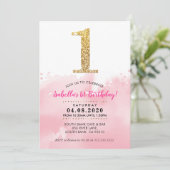 第1の誕生日パーティー招待状モダン金ゴールドグリッターピンク 招待状 (スタンド正面)