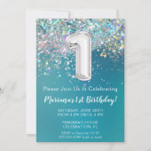 第1の誕生日招待状ティール(緑がかった色)シルバーグリッター 招待状 (正面)