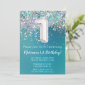 第1の誕生日招待状ティール(緑がかった色)シルバーグリッター 招待状 (スタンド正面)