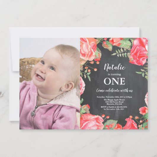 第1の誕生日招待状ボタニカルレッドフローラ 招待状 (正面)