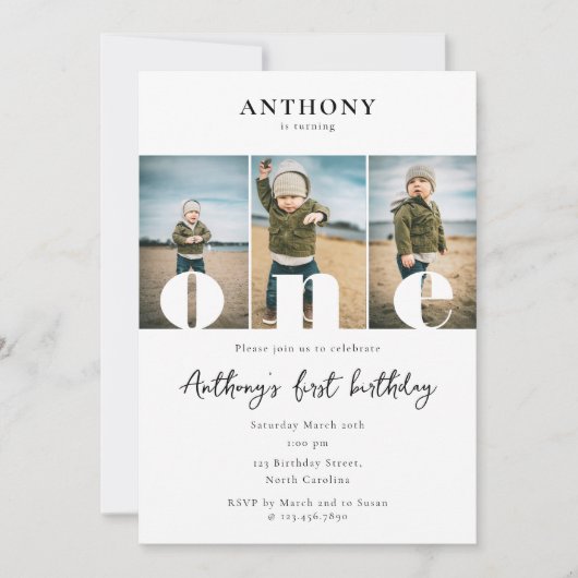 第1の誕生日招待状第1の1つの写真ボーイガール 招待状 (正面)