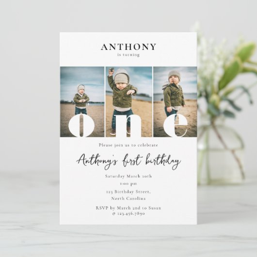 第1の誕生日招待状第1の1つの写真ボーイガール 招待状 (スタンド正面)