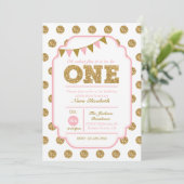 第1の誕生日招待状 – ピンクと金ゴールドの水玉模様 招待状 (スタンド正面)