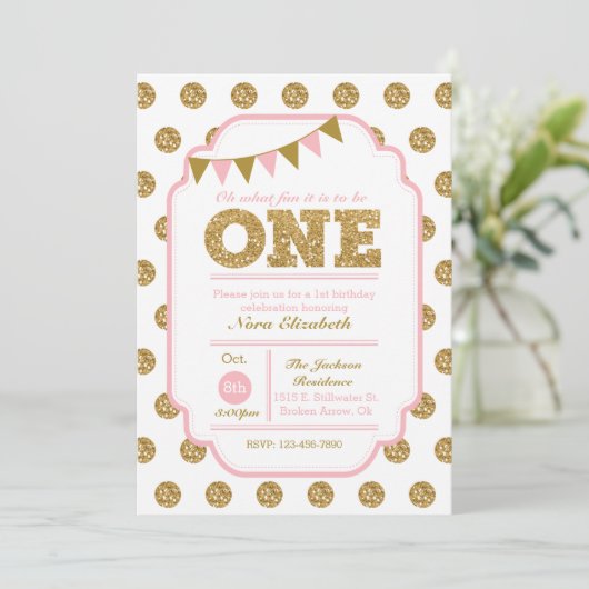 第1の誕生日招待状 – ピンクと金ゴールドの水玉模様 招待状 (スタンド正面)