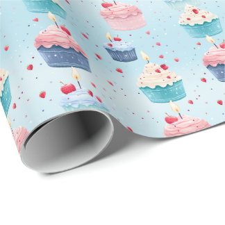 第1の誕生日 – ケーキ、キャンドル、イチゴ –  ラッピングペーパー