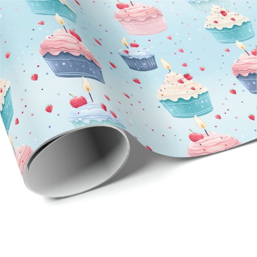 第1の誕生日 – ケーキ、キャンドル、イチゴ –  ラッピングペーパー (ロールコーナー)