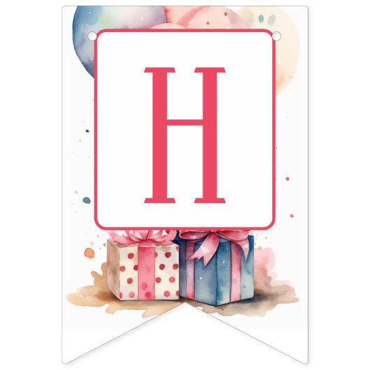 第1の誕生日 – 水彩の贈り物と風船 – バンティングフラッグ (第2の旗)