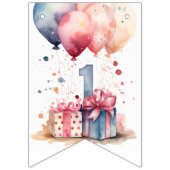 第1の誕生日 – 水彩の贈り物と風船 –  バンティングフラッグ (第1の旗)