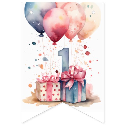 第1の誕生日 – 水彩の贈り物と風船 – バンティングフラッグ (第1の旗)