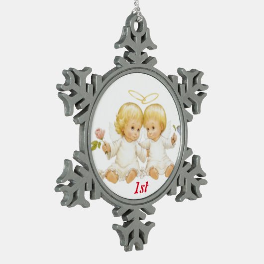 第1クリスマスの菓子の双生児 スノーフレークピューターオーナメント (左)