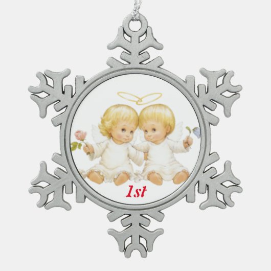 第1クリスマスの菓子の双生児 スノーフレークピューターオーナメント (正面)