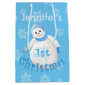第1クリスマスの雪だるまの名前をカスタムする ミディアムペーパーバッグ (正面)
