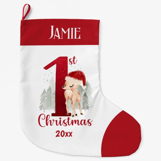 第1クリスマスディアサンタハットベビーレッド名 ラージクリスマスストッキング (正面)