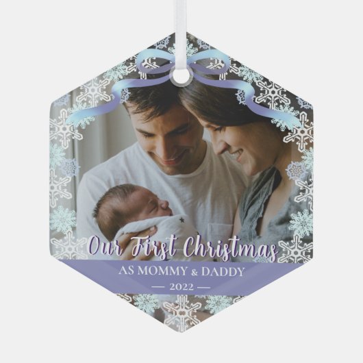 第1クリスマス生まれたばかりの親ソフトブルートーンカスタム ガラスオーナメント (正面)