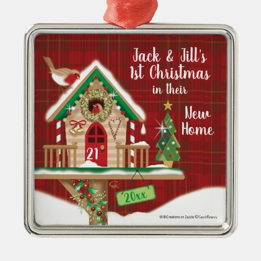 第1クリスマス、新しい家、巣箱 メタルオーナメント (正面)