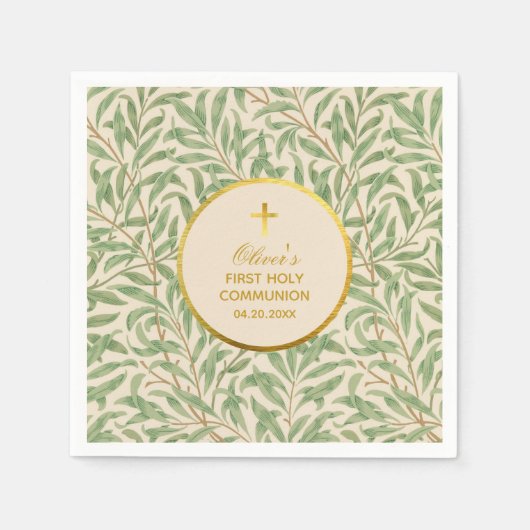 第1コミュニオングリーン葉フェイクフォイルMorris スタンダードカクテルナプキン (正面)