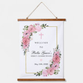 第1コミュニオンピンクフローラ記念ウェルカムサイン 吊り下げ型タペストリー (正面)