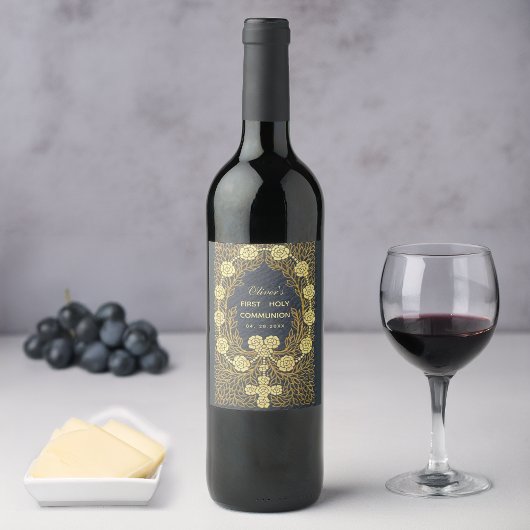第1コミュニオンロザリオ花ヴィンテージブルー ワインラベル