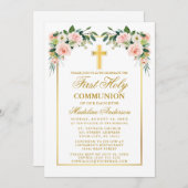 第1コミューニオンウォーターカラーピンク赤面フローラ金ゴールド 招待状 (正面/裏面)