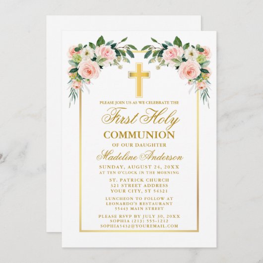 第1コミューニオンウォーターカラーピンク赤面フローラ金ゴールド 招待状 (正面/裏面)