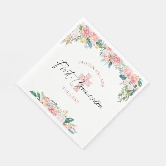 第1コミューニオンウォーター色フローラバラピンククロス スタンダードランチョンナプキン (角)