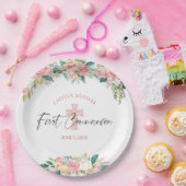 第1コミューニオンウォーター色フローラバラピンククロス ペーパープレート (パーティー)