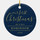 第1シンプルクリスマスの写真金ゴールドフレームNavy セラミックオーナメント (裏面)
