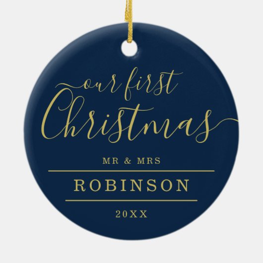 第1シンプルクリスマスの写真金ゴールドフレームNavy セラミックオーナメント (裏面)