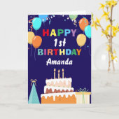 第1ハッピーバースデーバルカラフルーンケーキネービーブルー カード (黄色い花)