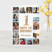 第1ハッピーバースデー金ゴールドとホワイトフォトコラージュ カード (黄色い花)