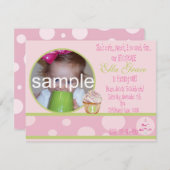 第1バースデーカップケーキ招待状-ピンク&グリーン 招待状 (正面/裏面)