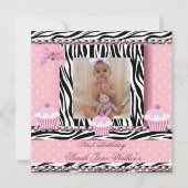 第1バースデーガールピンクカップケーズゼブラベビー 招待状 (正面)