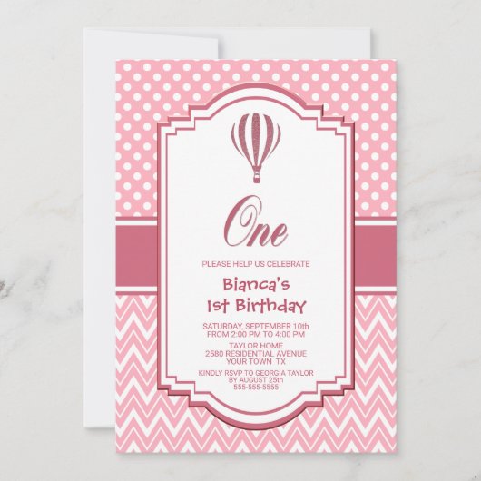 第1バースデーピンク水玉模様パーティー 招待状 (正面)
