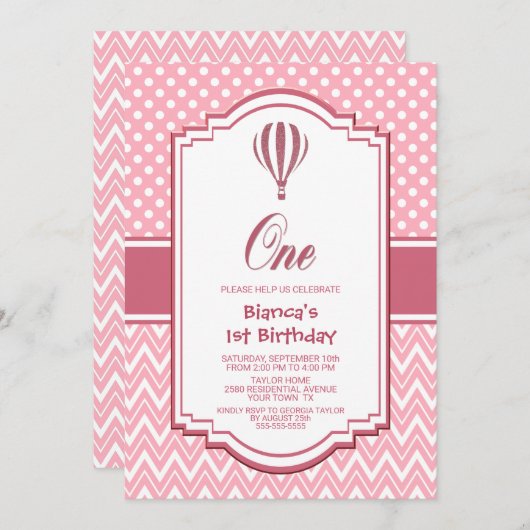第1バースデーピンク水玉模様パーティー 招待状 (正面/裏面)
