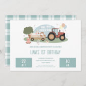 第1バースデーファームアニマルズ納屋周囲の庭パーティー少年 招待状 (正面/裏面)