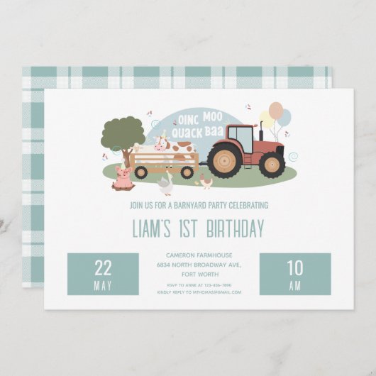 第1バースデーファームアニマルズ納屋周囲の庭パーティー少年 招待状 (正面/裏面)