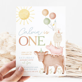 第1バースデーファームアニマルズ納屋周囲の庭パーティー少年 招待状