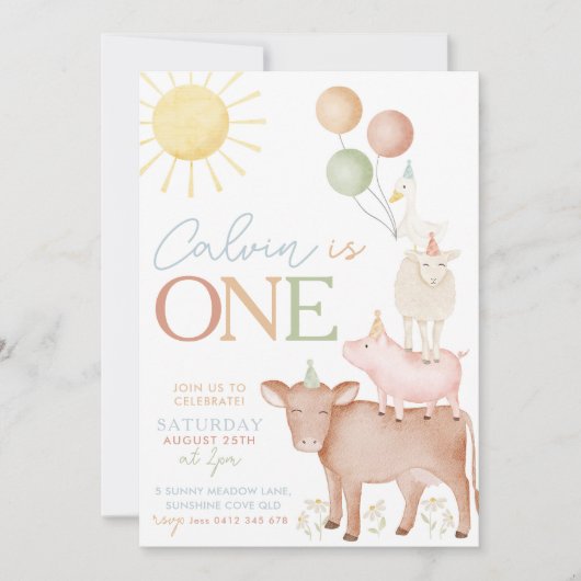 第1バースデーファームアニマルズ納屋周囲の庭パーティー少年 招待状 (正面)