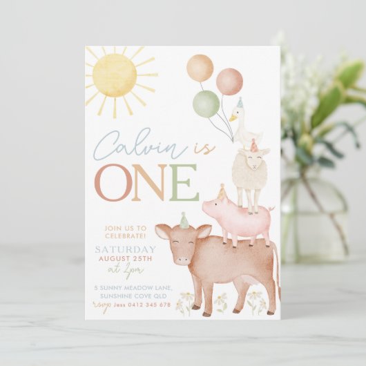 第1バースデーファームアニマルズ納屋周囲の庭パーティー少年 招待状 (スタンド正面)