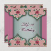 第1ピンクティール（緑がかった色）ファンシー花誕生日招待状1 招待状 (正面/裏面)