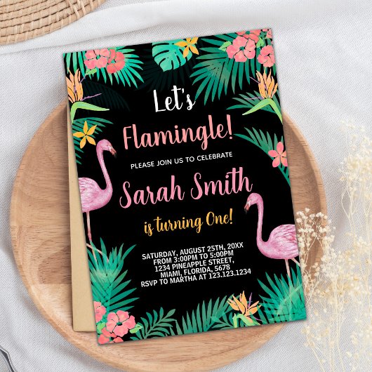 第1ピンクフラミンゴ誕生日招待状 招待状
