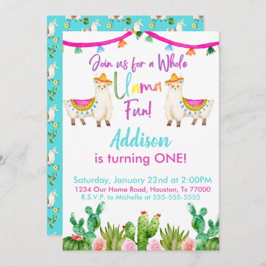 第1フィエスタホールラマおもしろい誕生日招待状 招待状 (正面/裏面)