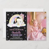 第1フローラブラックフォトユニコーン誕生日招待状 招待状 (正面)