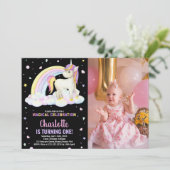 第1フローラブラックフォトユニコーン誕生日招待状 招待状 (スタンド正面)