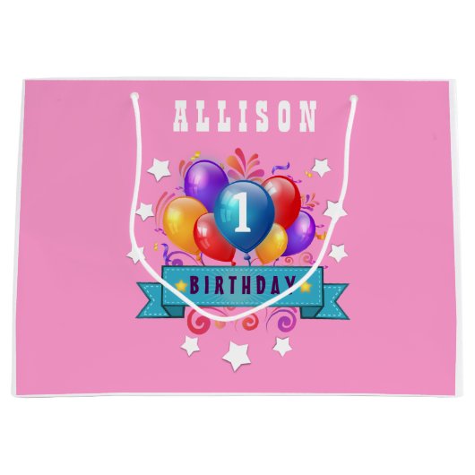 第1ベビーの誕生日のお祝いのカラフルの気球V10IZ2 ラージペーパーバッグ (正面)